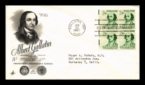 DR JIM STAMPS US COVER ALBERT GALLATIN PROMINENT AMERICANS FDC BLOCK ARTCRAFT