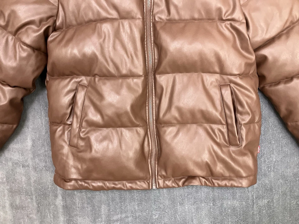 Levis Jacket Mens XL Brown Faux Leather Puffer Coat Bubble Hipster Long Sleeve - Image 2 of 4