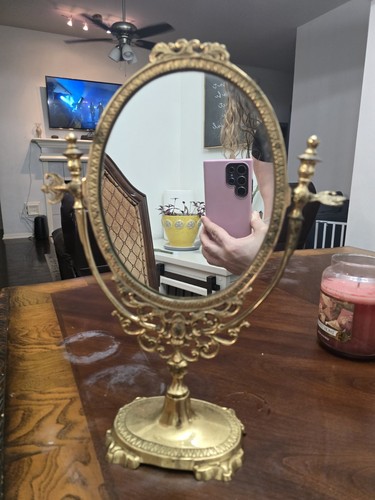 Antique French Brass Vanity Swivel Mirror Victorian Baroque Ornate - Picture 2 of 3