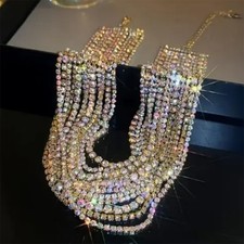 Rhinestone Aurora Borealis 12 Row Choker Necklace Strand Wide Collar