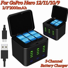 2/3 Pack 2000mAh Battery 3-Channel Battery Charger For Gopro Hero 9 10 11 12