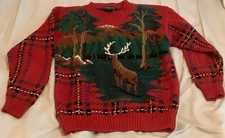 Bushwacker Women's Sweater Medium Red Wool Cotton Deer Plaid
