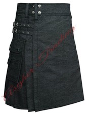 Handmade Black Denim Utility Kilt Tactical Kilt and Custom Size kilts For Men's