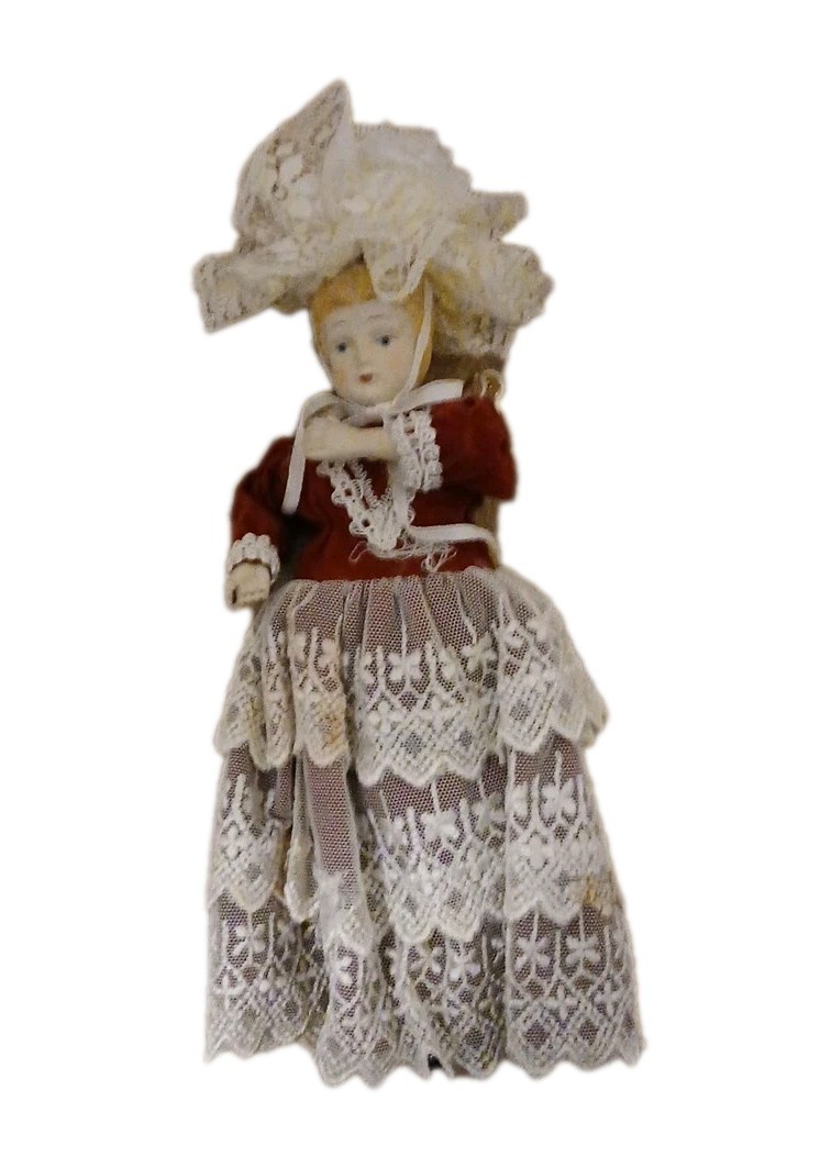 Vintage Porcelain Doll Pre-Owned Midwest Taiwan Red Dress Lace Blonde Abt 9.25" 