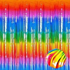 3 Pack Dark Rainbow Foil Fringe Curtain Backdrop 3.28Ft x 9.8Ft Metallic Tins...