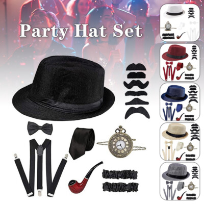 1920s Mens Gatsby Gangster Set Beret Hat Y-Back Suspender