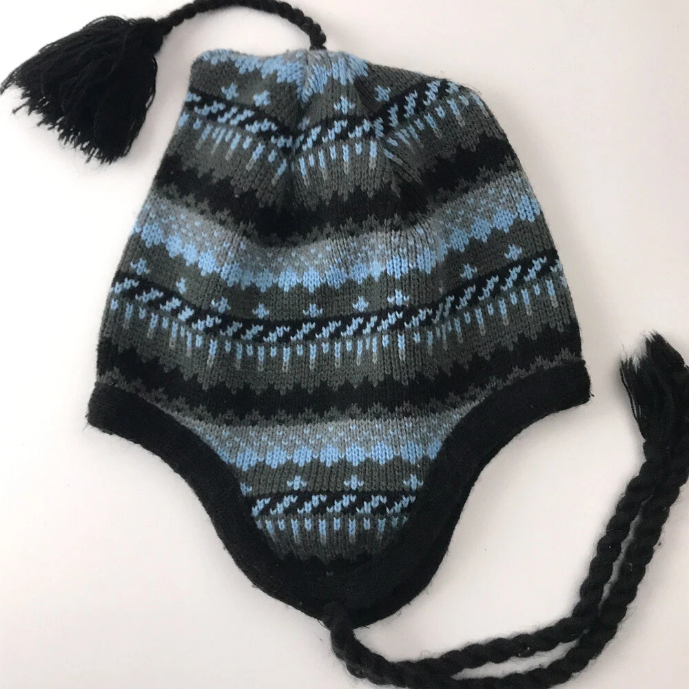 Blue Gray Black Knit Winter Trapper Hat with Tassel Made Tawain