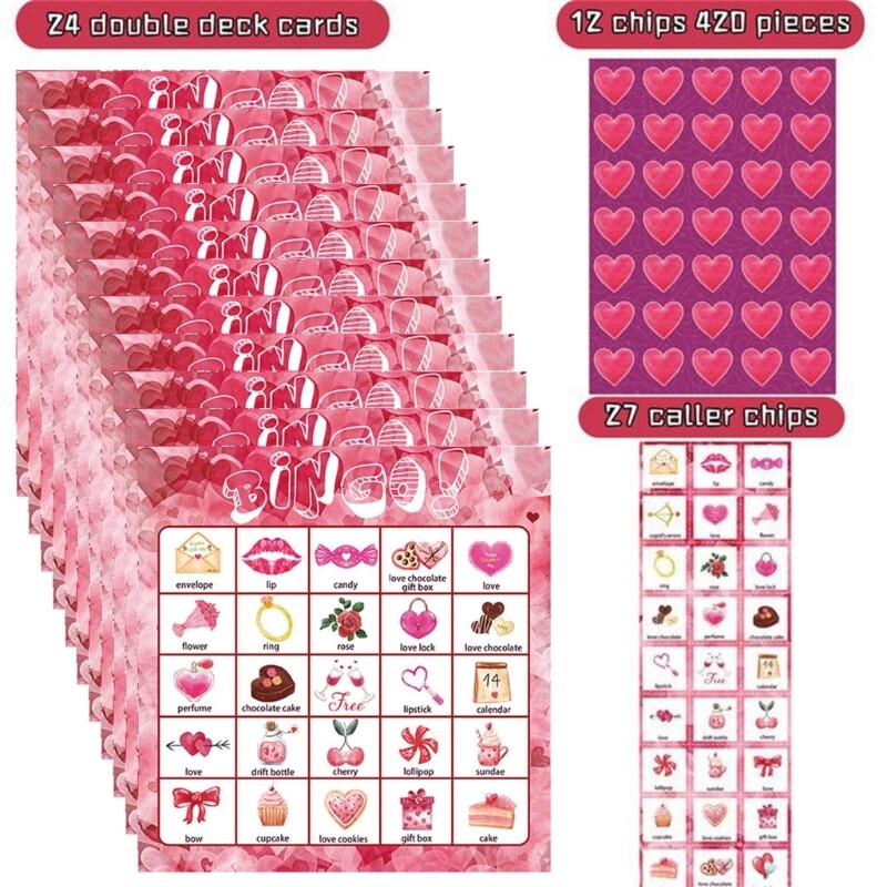 24 Players Valentines Bingo Game Card Bingo Cards for Valentines Party Supplies