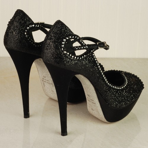 LORIBLU Nero Diamante Mary Jane Punta aperta Tacco a spillo Platform Corti UK6 EU39 - Foto 9 di 17