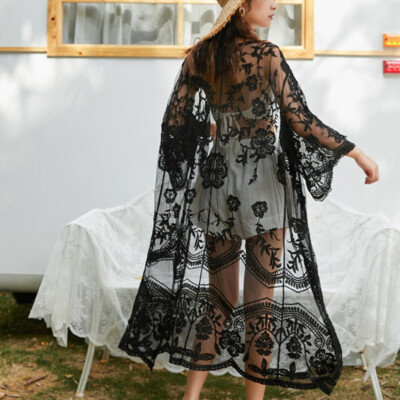 Lady Lace Embroidered Long Open Front Cardigans Blouse Beach Cover Ups Black | eBay Lady Lace Embroidered Long Open Front Cardigans Blouse Beach Cover Ups Black | eBay