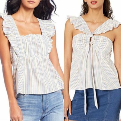 NEW ELLA MOSS Ruffle Cap Sleeve Square Neck Top Stripe Convertible White Blue XS