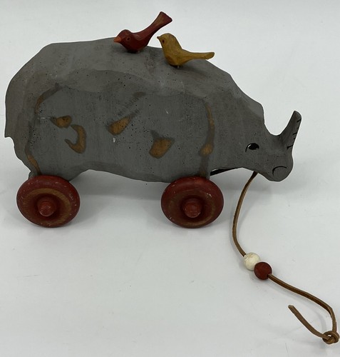 Vintage Millwood Toys Rhino Rhinoceros with Birds on Back Pull Toy Carved Wood - Picture 5 of 10