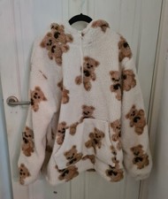 Aelfric Eden White And Cream Teddy Bear Pattern Soft Zip Fleece With Hood