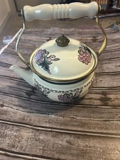 Vintage Floral Enamel Tea Kettle, with Brass and ceramic Handle, preferred stock