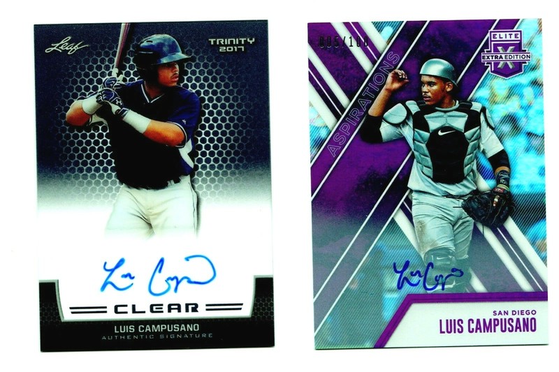 Luis Campusano 2017 Panini Elite Ex. Aspirations Purple AU 5/100:Leaf Trinity AU