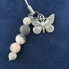 BUTTERFLY Cell Phone Charm Lariat Lanyard Split Ring Pink Zebra Jasper Beads New