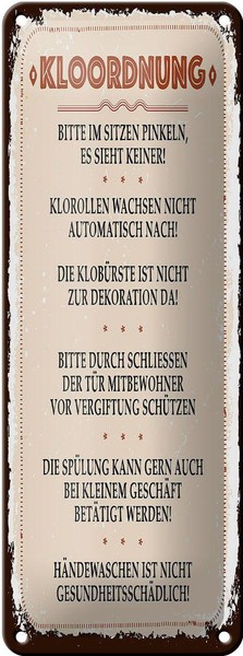 Blechschild Spruch Kloordnung Bitte Im Sitzen Pinkeln 10X27 Cm Schild Tin Sign-image