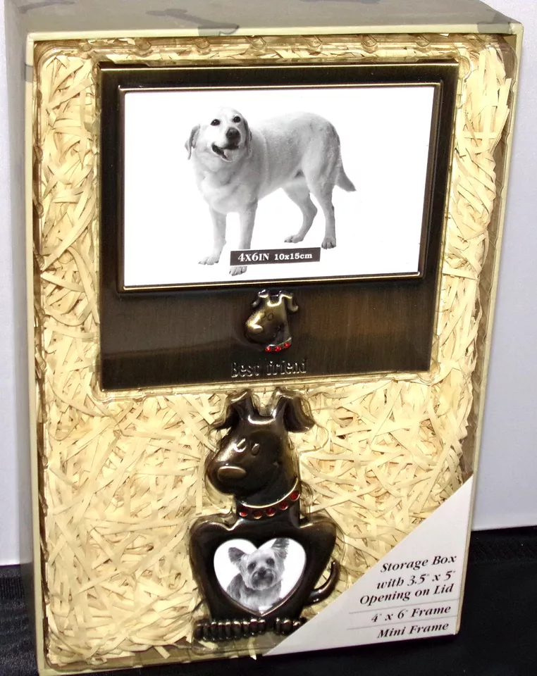 Marcos de fotos de metal para perros mejores amigos con caja de almacenamiento de fotos 2 marcos caja abierta NUEVO Foto 4 de 4