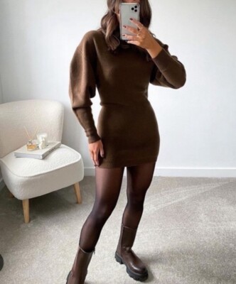 ZARA WOMAN BROWN VOLUMINOUS WOOL BLEND KNIT MINI DRESS SIZE S_9598/178_NWT  | eBay