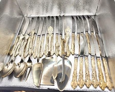 32pc RSVP TG Indonesia gold electroplate floral scroll flatware serving + knives
