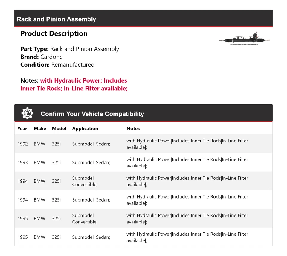 Стойка и шестерня в сборе Cardone для BMW 325i 1992-1995 годов выпуска 1993 1994 годов выпуска - Изображение 2 из 4