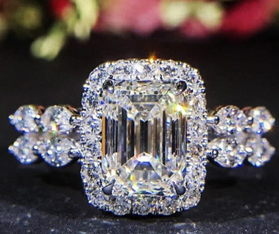 3Ctw Emerald and Marquise Moissanite Halo 935  Engagement Ring LIFETIME WARRANTY