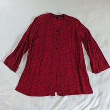 VTG Lizsport Red Black Floral Button Up Long Sleeve Tunic Blouse Women M 90's