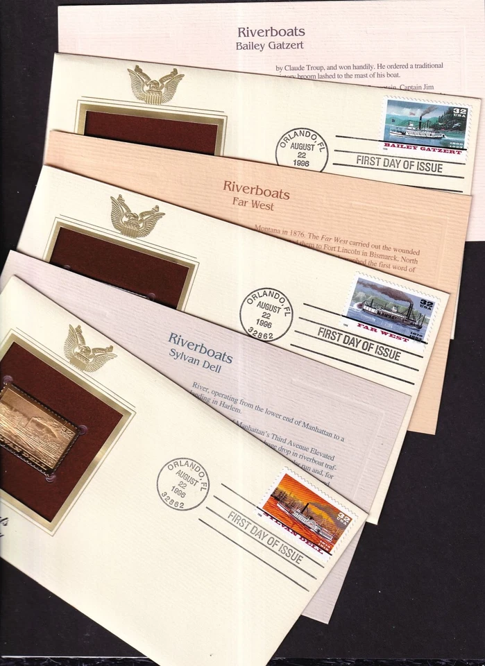 Riverboats Sc 3091-3095 FDC 1996 conjunto 5 piezas cachés de oro barcos de vapor Mississippi Foto 2 de 4