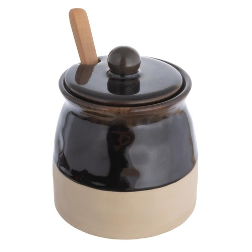 Black Stoneware Sugar Pot with Lid and Wood Spoon