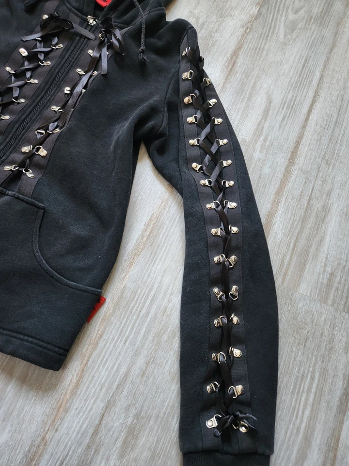 Living Dead Souls Gothic Hoodie Bunny Ears Lace Up, Piercing Black Full Zip Sz L - Image 3 of 4