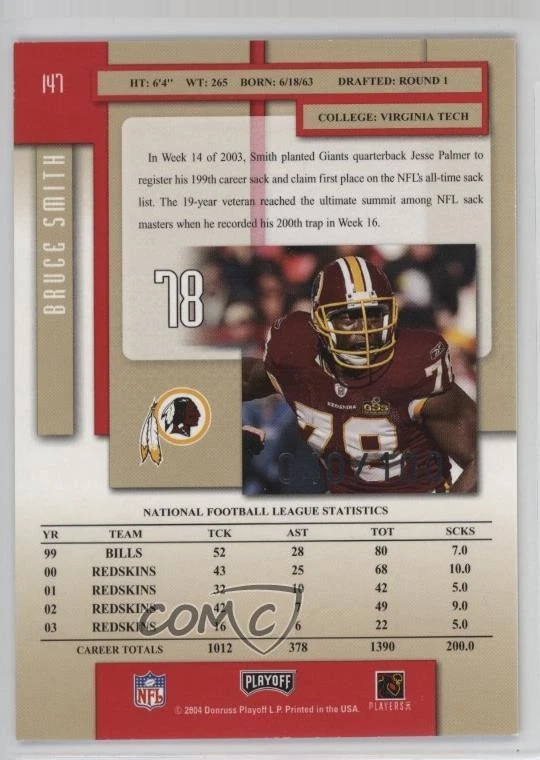 2004 Playoff Prestige Xtra Points Red /100 Bruce Smith #147 HOF - Image 2 of 2
