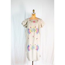 Vintage 70s Oaxacan Embroidered Peacock Dress, Boho Mexico Midi Folk Floral LG