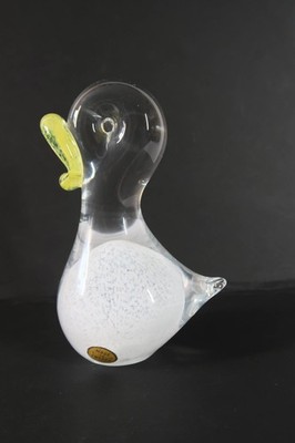 MCM Swedish Art Glass Bird Duck Paperweight White Mottle Yellow Beak Vtg