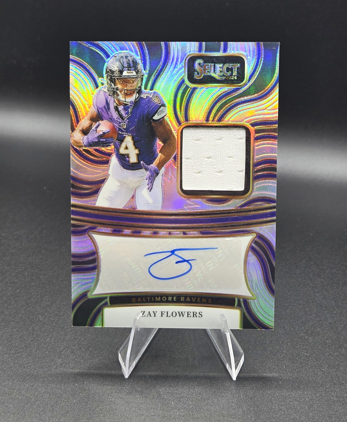 Panini 2024 Select Zay Flowers Ravens Silver Prizm Auto Mem #SM-ZFS /199