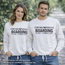 Emporio Armani Boarding Sweatshirt S White Logo Drawstring Hem Long Sleeve