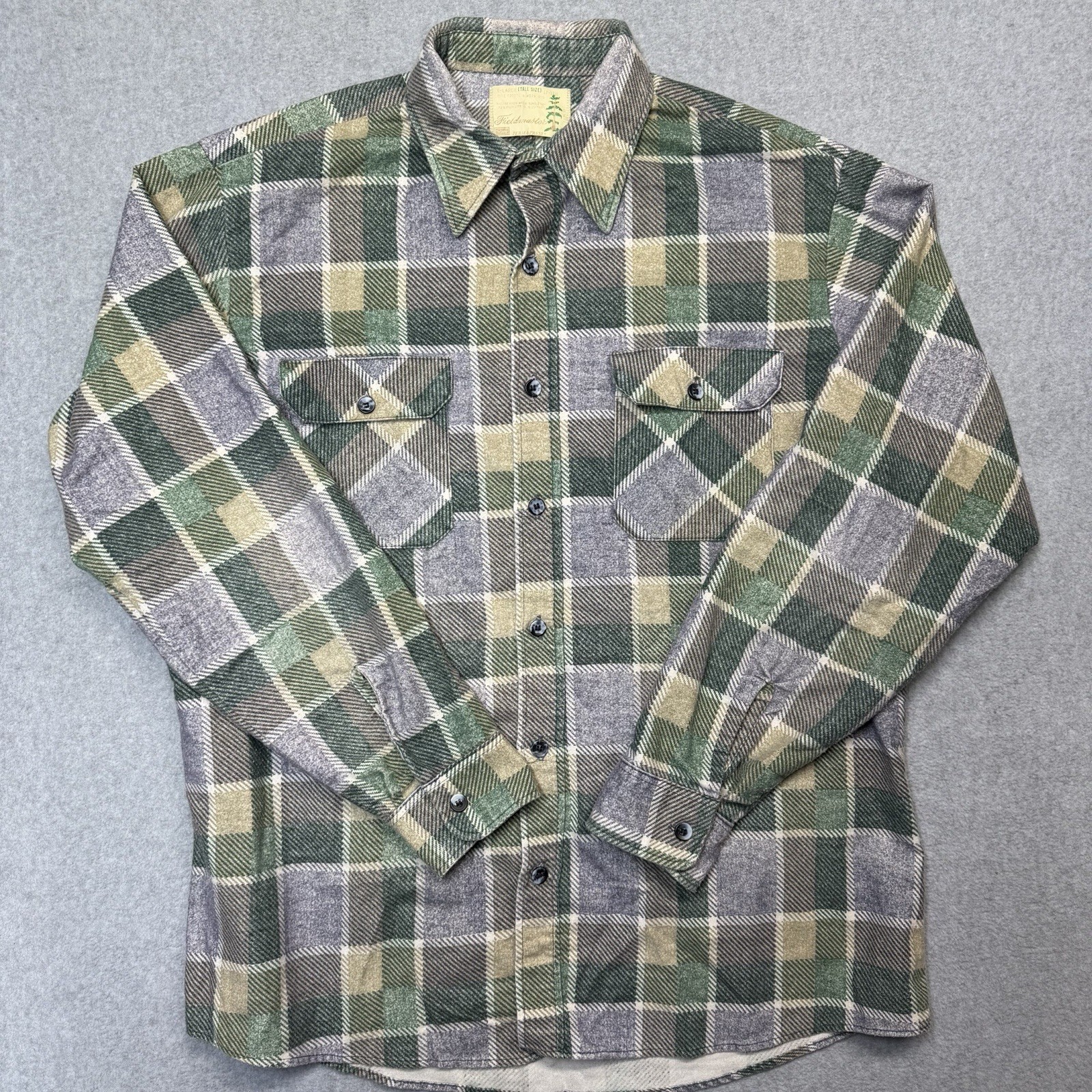 Vintage Sears Shirt Mens XLT Tall Green Plaid Flannel 70s 60s Fieldmaster