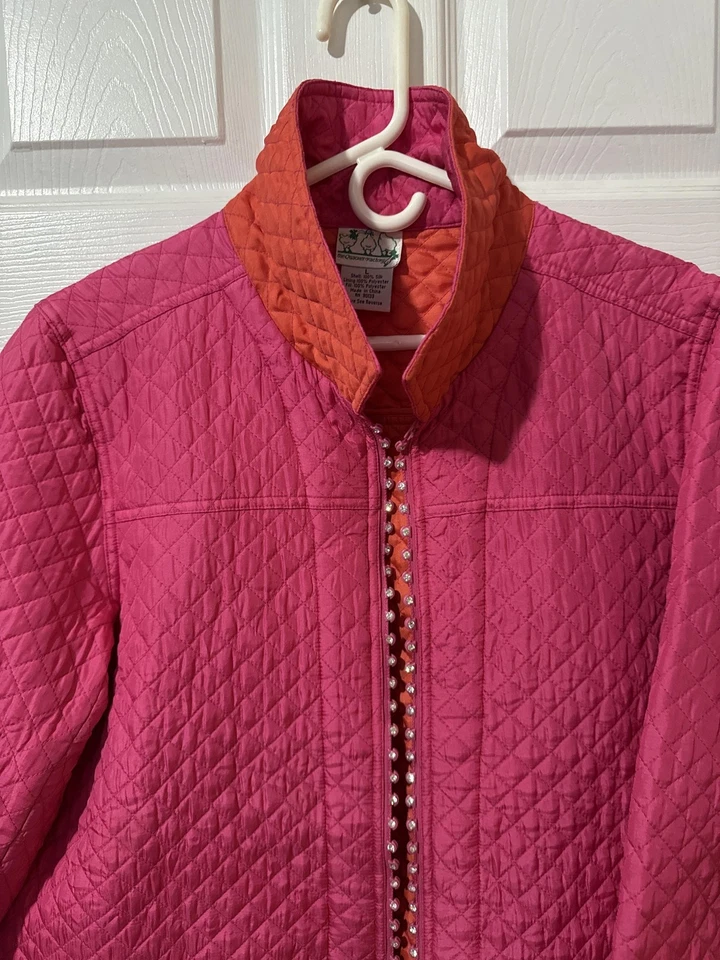 Quacker Factory Jacket Womens Large Quilted Silk Rhinestone Zip Lined Bling - Image 4 of 4
