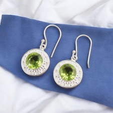 Round Peridot Stone 925 Sterling Silver Bezel Dangle Rustic Earrings