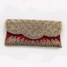 Luxury MAROON Velvet Purse, Indian Hand Embroidery Clutch, Gold Beaded Clutch