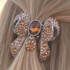 Silver-Tone Bow Hair Clip w/ Amber Rhinestones 2.5" Unsigned Sparkling Barrette