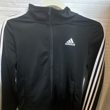adidas Boys Black/White 3-Stripes Full Zip Track Jacket w/ Pockets M 10/12