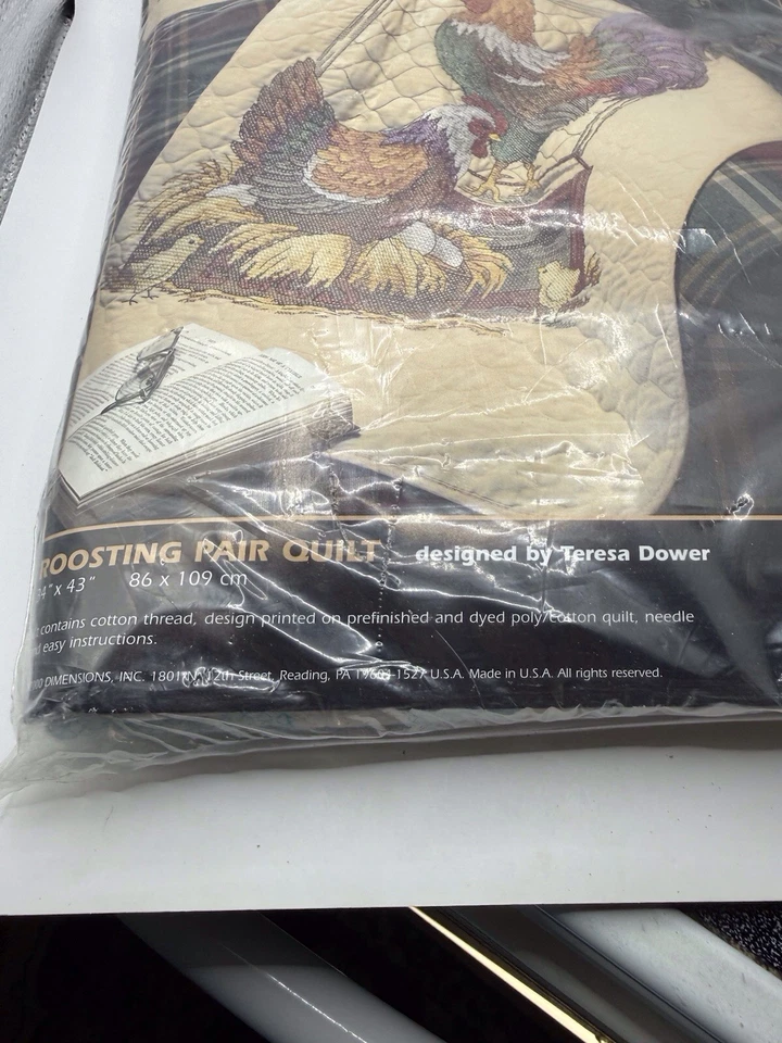 Dimensions Stamped Cross Stitch Kit Roosting Pair Quilt 34x43 Chickens Farm - Image 3 of 4