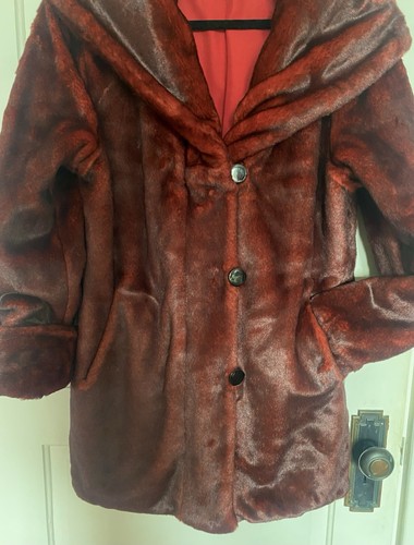 Dennis Basso Red Coat Women's S/M Faux Fur Reversible Jacket Mob Wife Glam Rock - Picture 5 of 9