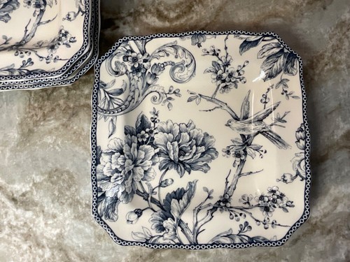 Adelaide Blue Square Salad Plates 8.5 in Flower And Bird Design Set Of 4 New - Picture 16 of 17