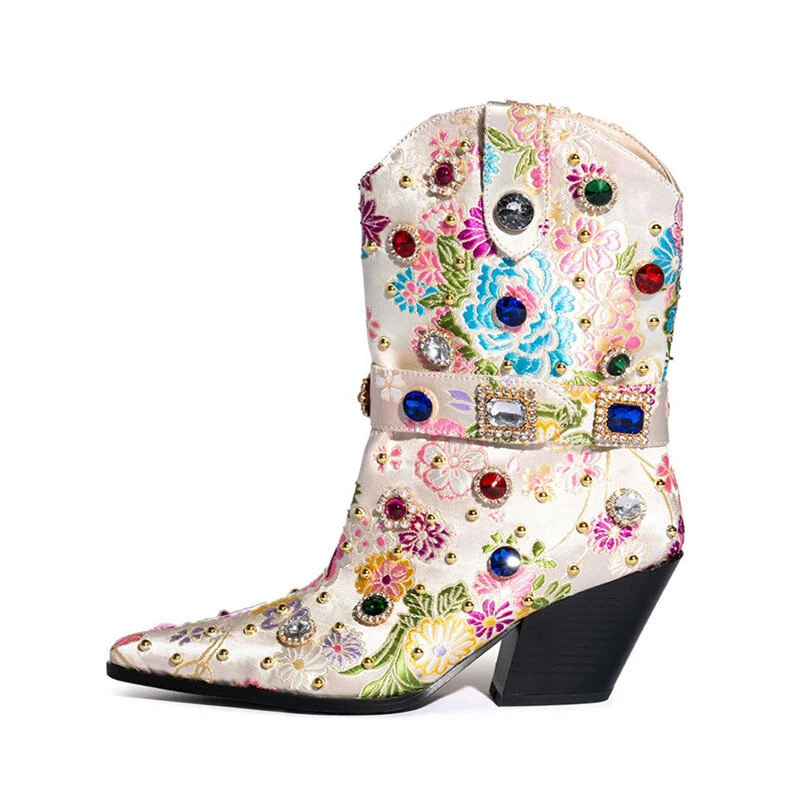 Botas étnicas para mujer punta gruesas tacón medio pantorrilla botas remaches estrás nuevas Foto 3 de 4