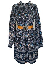 Boho Floral Paisley Sz L Black High Mock Neck Shirred Smocked Long Sleeve Dress