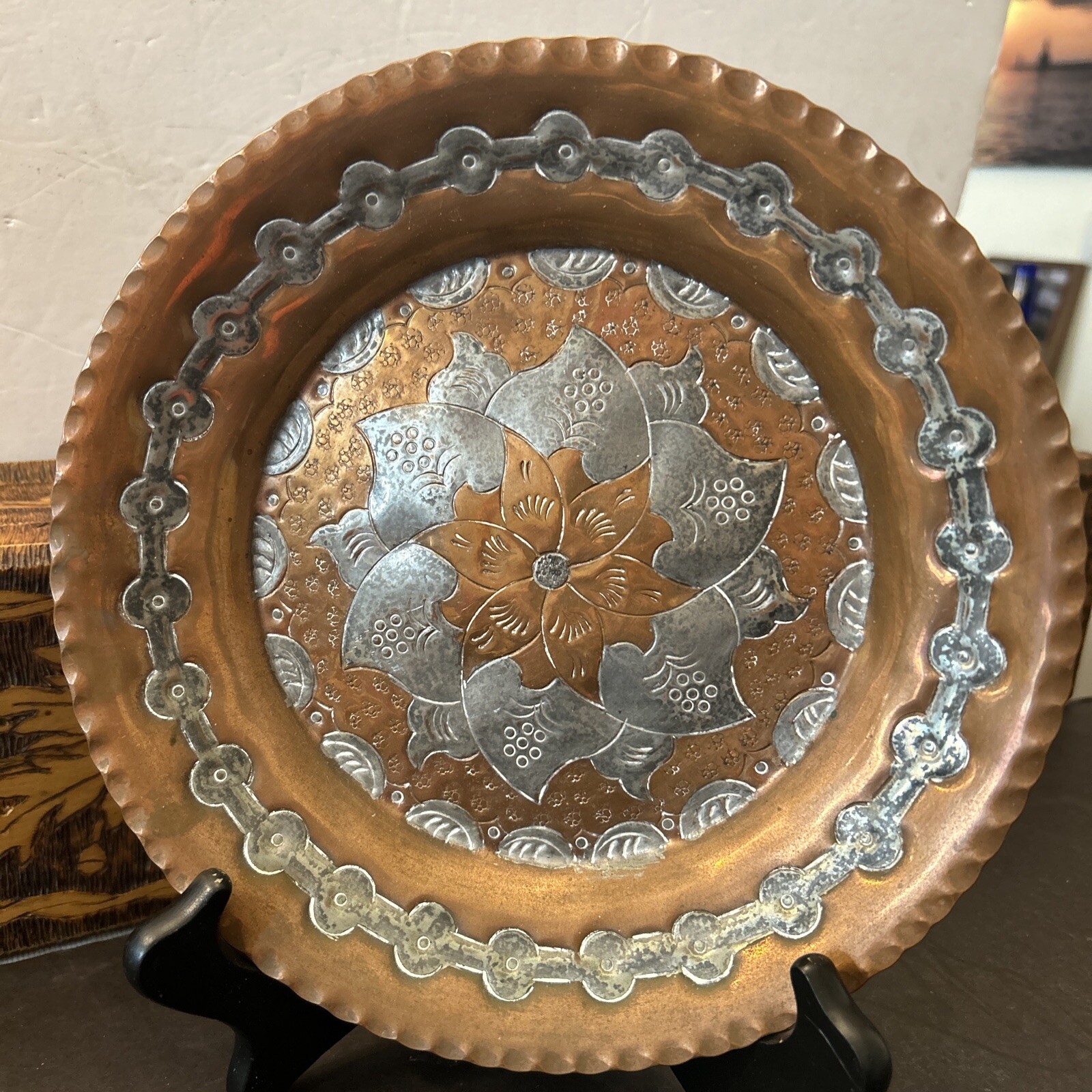 20th Century Islamic Middle Eastern Copper Plaque Tray Handmade Wall Hanging 9”