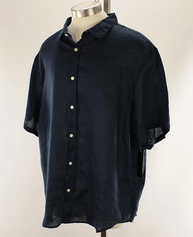 THE MENS STORE Navy Blue Short Sleeve Buttonfront Linen Shirt XXL NWT