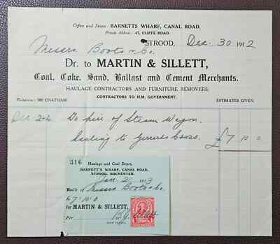 1912 Martin & Sillett, Coal Merchants, Barnetts Wharf, Canal Rd, Strood Rechnung