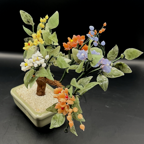 Vintage Bonsai Baum Jade Glas Japanisch Orientalisch Blumen Blüte Keramik Topf - Bild 5 von 10